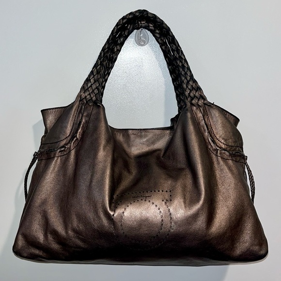 Salvatore Ferragamo Perforated Logo Metallic Bronze Ganchini Leather Tote Bag - Picture 3 of 17